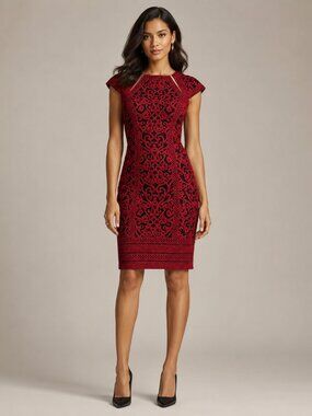 Tadashi Shoji Lace Overlay Cocktail Midi Dress Red Black